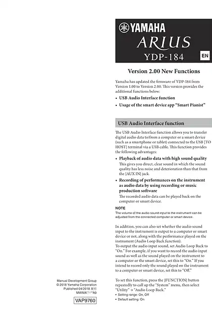 yamaha雅马哈YDP-184 Version 2.00 New Functions